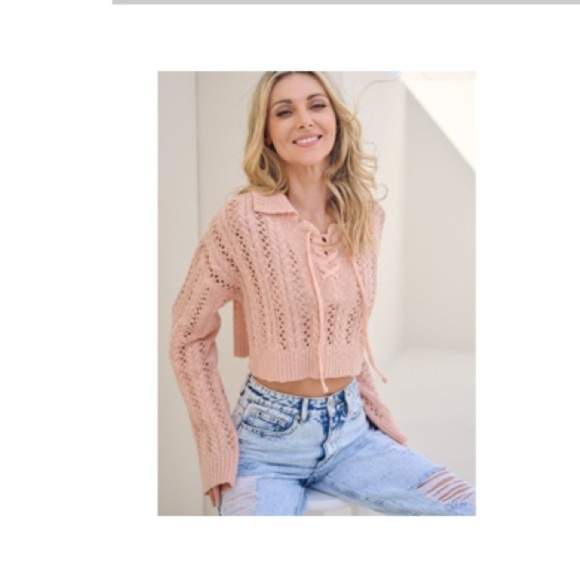 VENUS XL cropped Lace Knit Sweater - Soft Pink - Picture 1 of 11